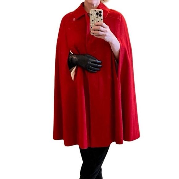 Vtg 70s  M.G. Kinsler Scarlet Red Wool Trapeze Tailored Long Cape Jacket OS - Picture 1 of 11